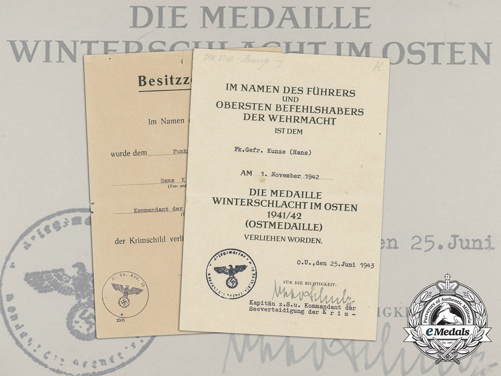a_crimean_shield&_eastern_front_medal_documents_to_kriegsmarine_radio_operator_hans_kunze_aa_8510