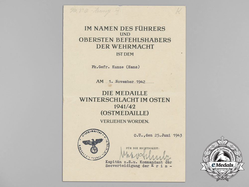 a_crimean_shield&_eastern_front_medal_documents_to_kriegsmarine_radio_operator_hans_kunze_aa_8511