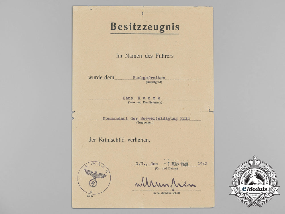 a_crimean_shield&_eastern_front_medal_documents_to_kriegsmarine_radio_operator_hans_kunze_aa_8513