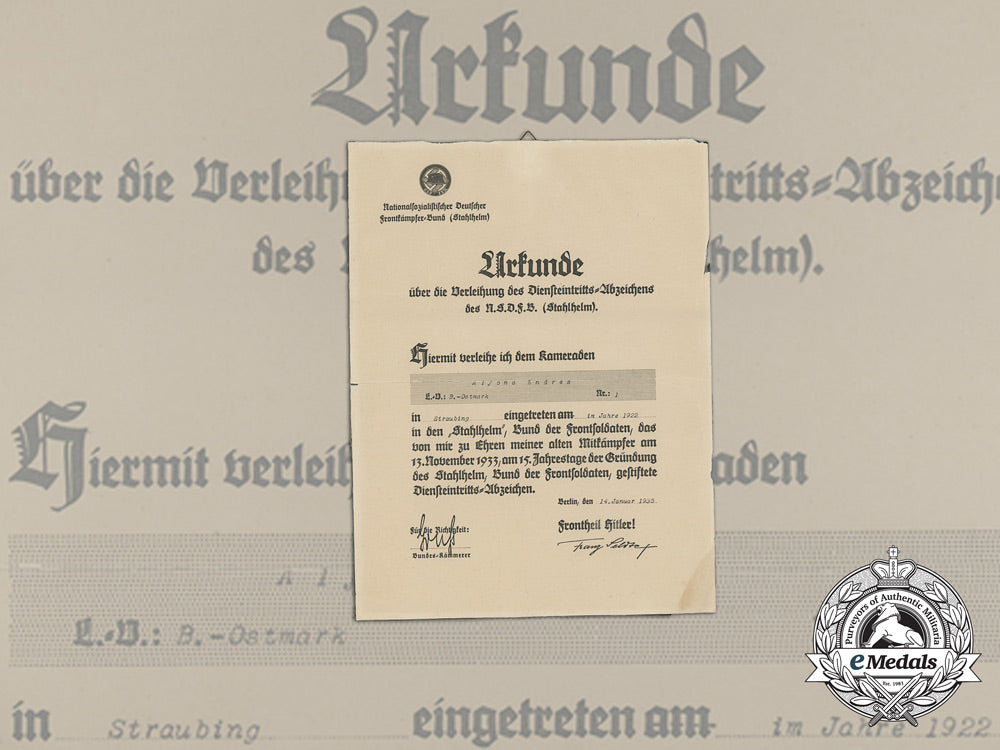 a1935_stahlhelm_commencement_of_duty_badge_document_to_alfons_endres_aa_8687