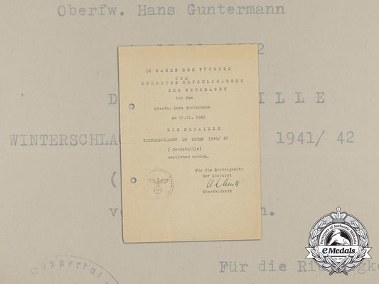 an_eastern_front_medal_award_document_to_oberfeldwebel_hans_guntermann_aa_9012