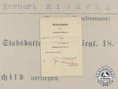 A Krim Shield Award Document To Flak Regiment 18; Signed Von Manstein