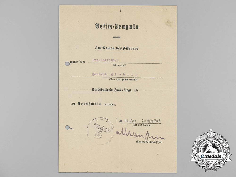 a_krim_shield_award_document_to_flak_regiment18;_signed_von_manstein_aa_9028