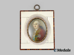 France, Kingdom. A Miniature Hand Painted Portrait Of King Louis Xvi In Frame