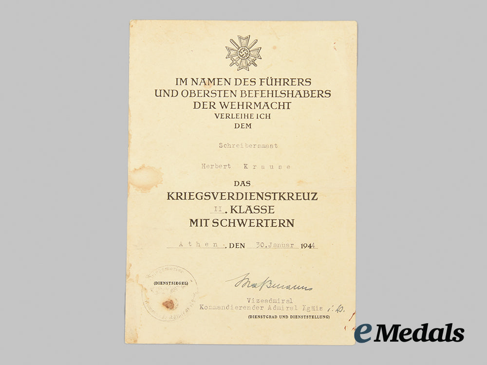 germany,_kriegsmarine._a_war_merit_cross_ii_class_with_swords_and_award_document_to_schreibermaat_herbert_krause_ai1_6303