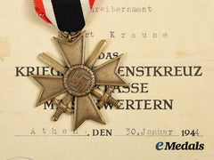 Germany, Kriegsmarine. A War Merit Cross Ii Class With Swords And Award Document To Schreibermaat Herbert Krause