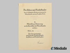 Germany, Third Reich. A Rare Award Document For The Memel Medal To Reichsminister Wilhelm Frick