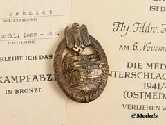 Germany, Wehrmacht. A Panzer Assault Badge, Bronze Grade, With Award Documents