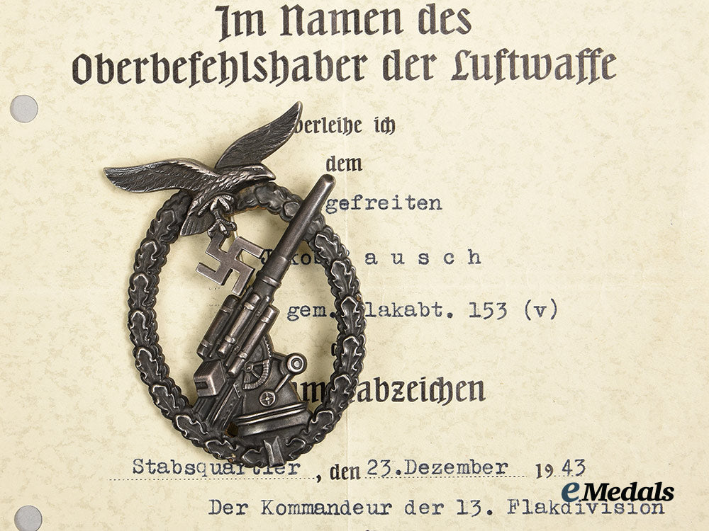 germany,_luftwaffe._a_flak_badge,_with_award_document,_to_obergefreiter_jakob_rausch_ai1_8050_1