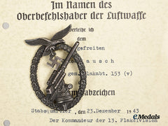 Germany, Luftwaffe. A Flak Badge, With Award Document, To Obergefreiter Jakob Rausch
