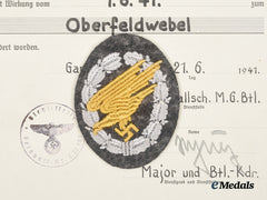 Germany, Luftwaffe. A Fallschirmjäger Badge, Cloth Version, With Promotion Document To Oberfeldwebel Reichard Hurlebaus