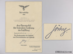 An Honour Goblet Award Document To The Condor Legion