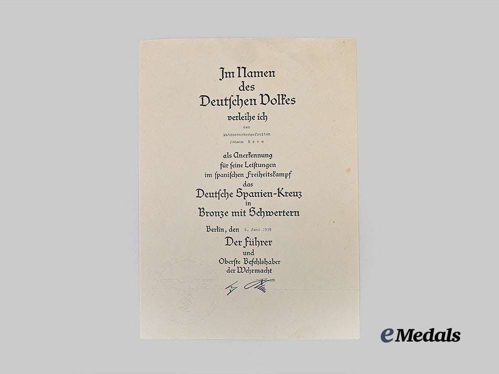 germany,_kriegsmarine._an_award_document_for_a_spain_cross_in_bronze_with_swords,_to_matrosenobergefreiter_johann_breu_e_medals__g62734_2