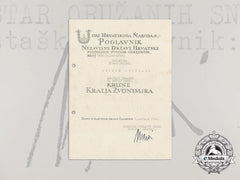 A Formal Croatian Document For The Award Of The A. Pavelic Bravery Medal