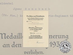 An Austrian Anschluss Medal Award Document To Wehrmacht Staff Sergeant