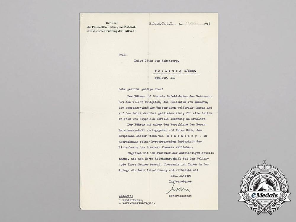 a_posthumous_award_notice_for_a_knight’s_cross_to_dieter_clemm_von_hohenberg_bb_3360
