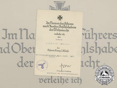 An Iron Cross 2Nd Class Award Document Signed By Commander Hans Zorn