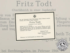 A 1944 Obituary To Fighter Pilot Fritz Todt, Kia