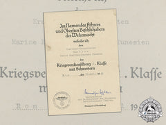 Germany. A War Merit Cross 2Nd Class Award Document To Navy Motor Company Tunisia