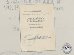 Germany. A Rare Sardinia Shield Award Document To Feldwebel Hans Grünert