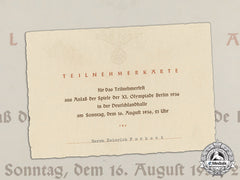 Germany. An Attendee Card For Participants’ Party At Closing Of Olympic Games 1936
