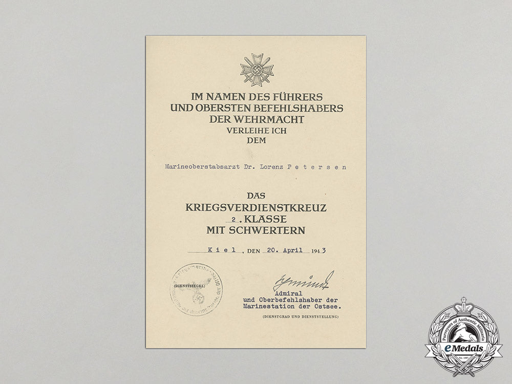 germany._a_war_merit_cross_document_to_marineoberstabsarzt_dr._lorenz_petersen,_signed_by_admiral_schmundt_c17-831_1