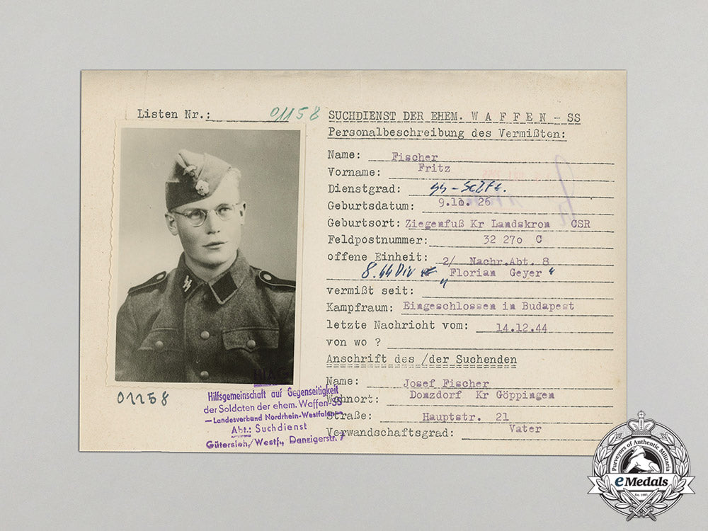 germany._a1955_hiag_missing_person_report_for_signals_ss-_schütze_fritz_fischer,_ss_division“_florian_geyer”_c17-924_2