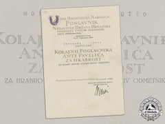 Croatia. A Formal Croatian Document For The Award Of The A. Pavelic Bravery Medal