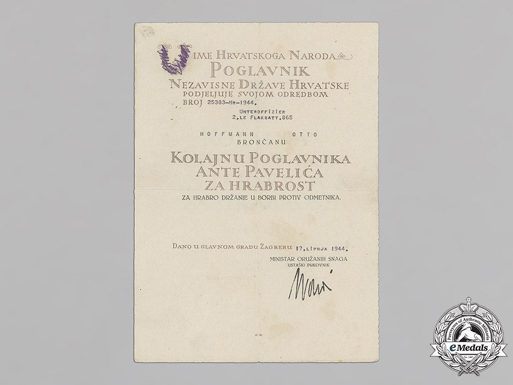 croatia._a_formal_croatian_document_for_the_award_of_the_a._pavelic_bravery_medal_c18-012266