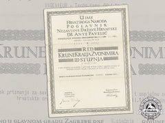 Croatia. A Formal Croatian Document For The Award Of The King Zvonimir Order, Third Class With Swords