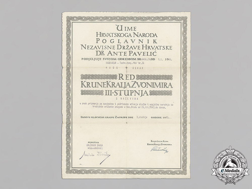 croatia._a_formal_croatian_document_for_the_award_of_the_king_zvonimir_order,_third_class_with_swords_c18-012272