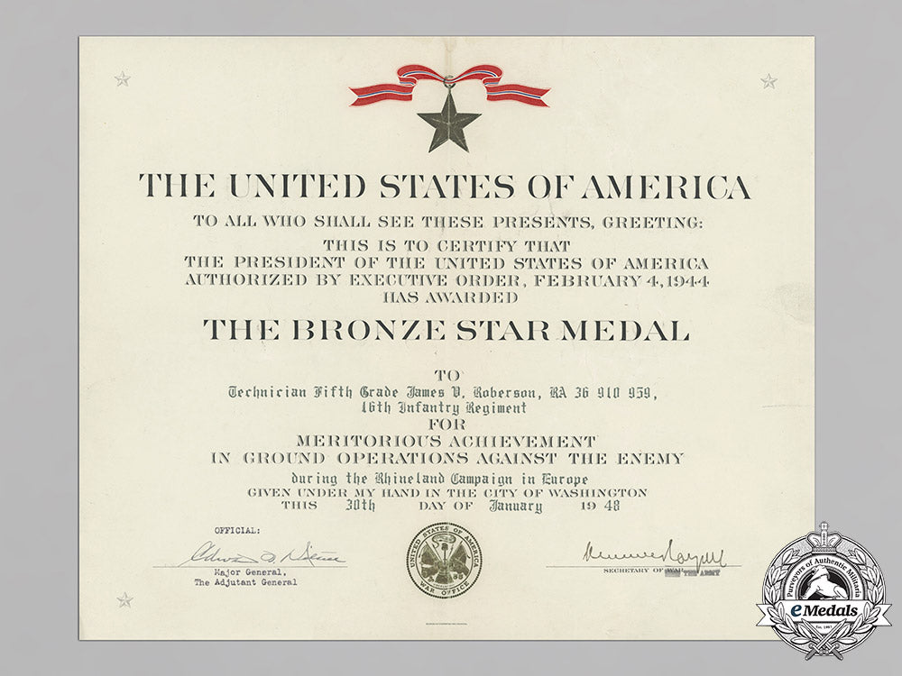 a_bronze_star_award_document,_to_technician_fifth_grade_james_v._roberson,16_th_infantry_regiment,_rhineland_campaign_c18-012380