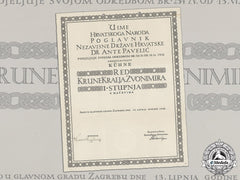 Croatia. A Formal Croatian Document For The Award Of The King Zvonimir Order, 1St Class With Swords