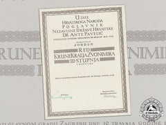 Croatia. A Formal Croatian Document For The Award Of The King Zvonimir Order, Third Class With Swords