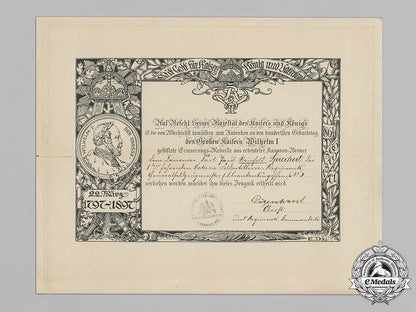 germany,_imperial._an_emperor_wilhelm_centenary_medal_document_to_gunner_reinhold_sprechert,_field_artillery,1897_c18-020449