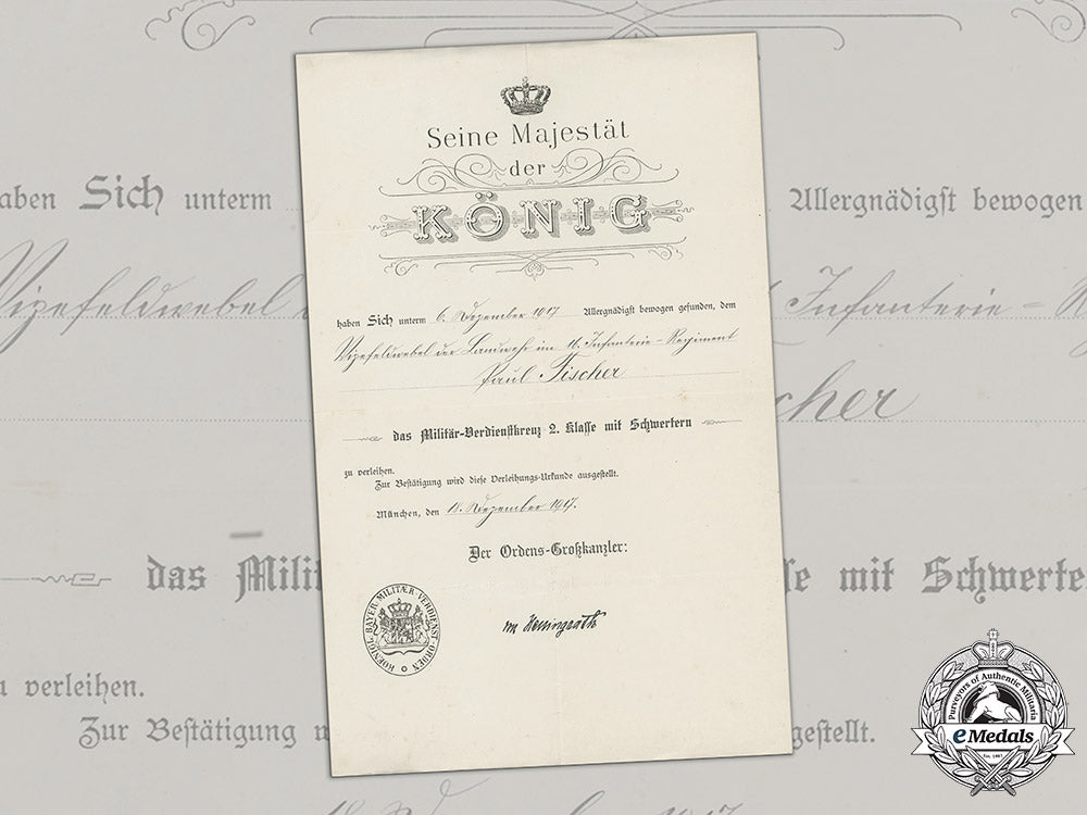 bavaria,_kingdom._a_military_merit_cross2_nd_class_with_swords_award_document_to_infantry_vizefeldwebel_paul_fischer,1917_c18-020451