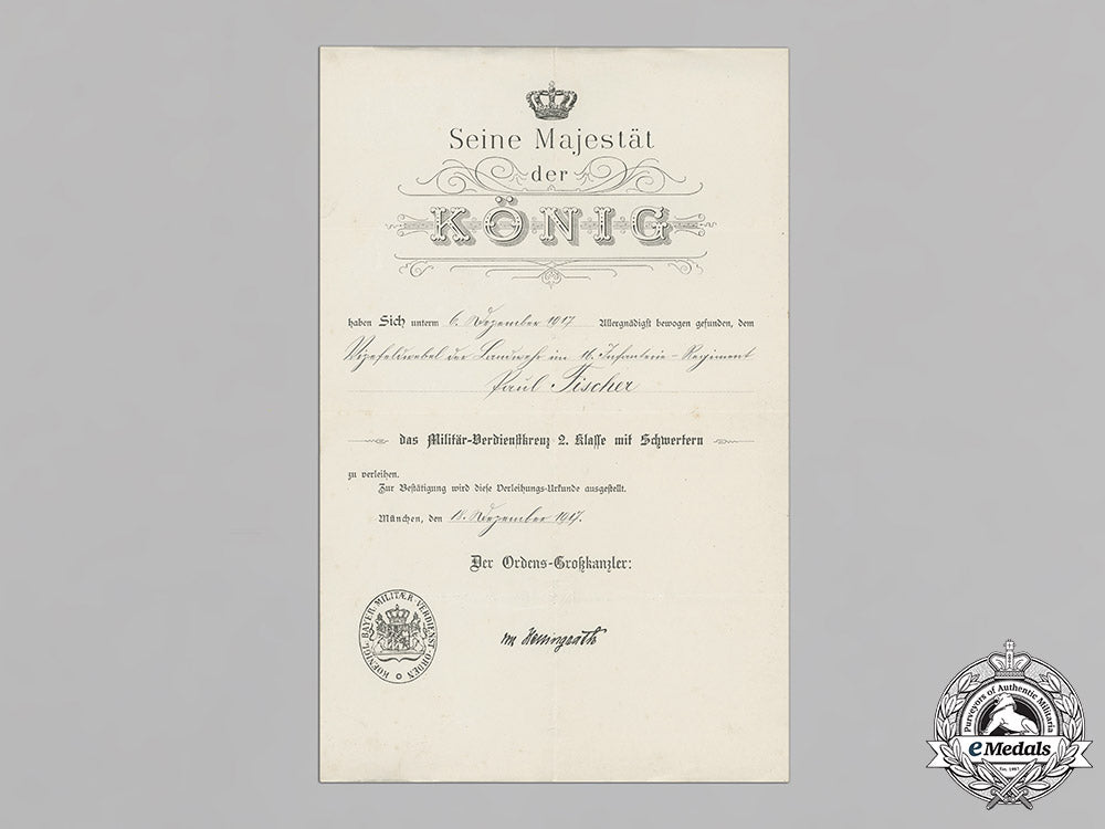bavaria,_kingdom._a_military_merit_cross2_nd_class_with_swords_award_document_to_infantry_vizefeldwebel_paul_fischer,1917_c18-020452