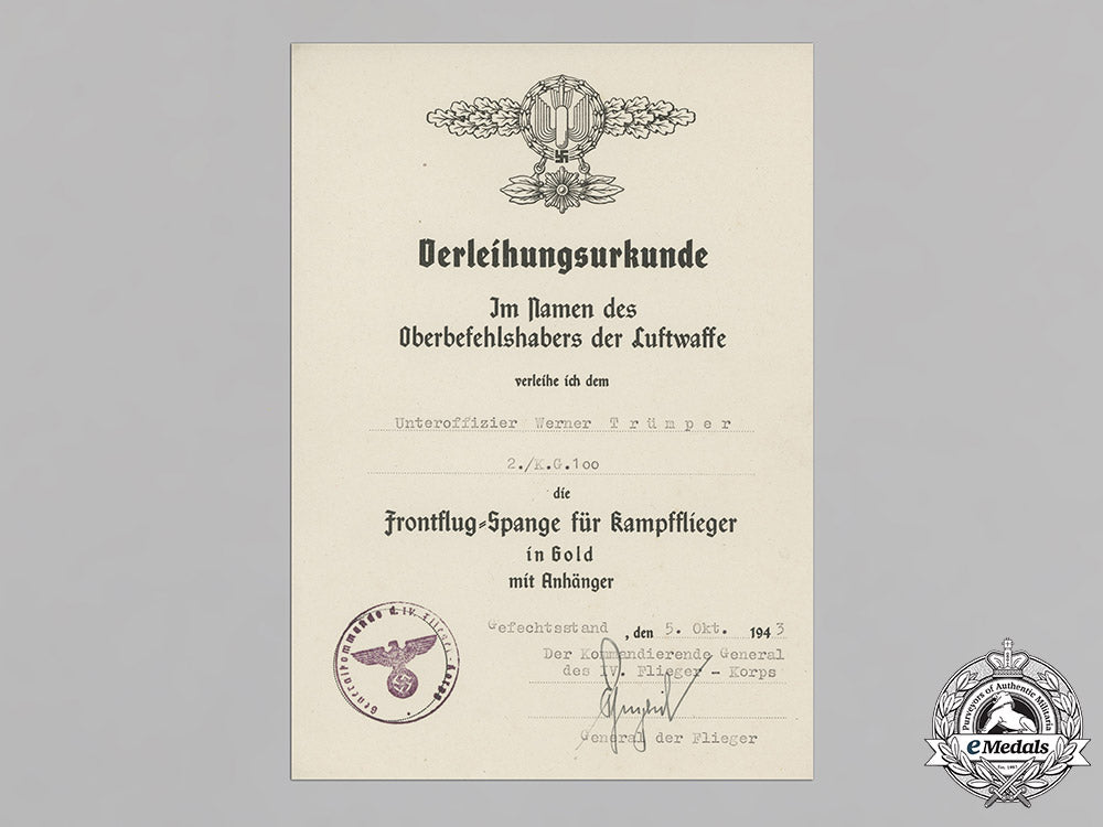 germany,_luftwaffe._the_award_certificates_of_pilot/_observer_unteroffizier_werner_trümper,_mia(_front_flying_clasp_in_gold_with_pendant)_c18-021126