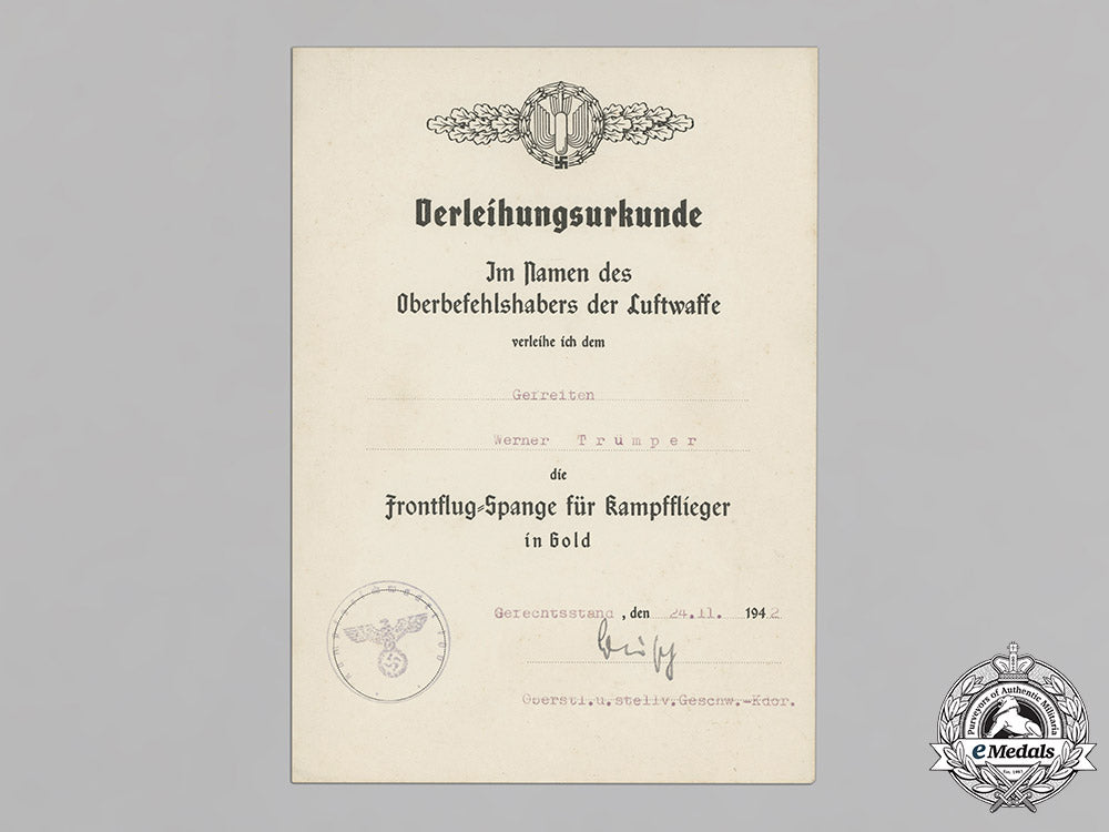 germany,_luftwaffe._the_award_certificates_of_pilot/_observer_unteroffizier_werner_trümper,_mia(_front_flying_clasp_in_gold_with_pendant)_c18-021128