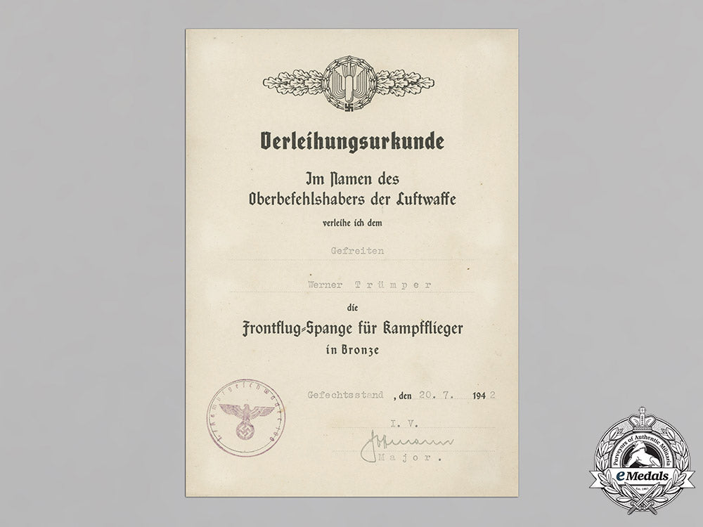 germany,_luftwaffe._the_award_certificates_of_pilot/_observer_unteroffizier_werner_trümper,_mia(_front_flying_clasp_in_gold_with_pendant)_c18-021129