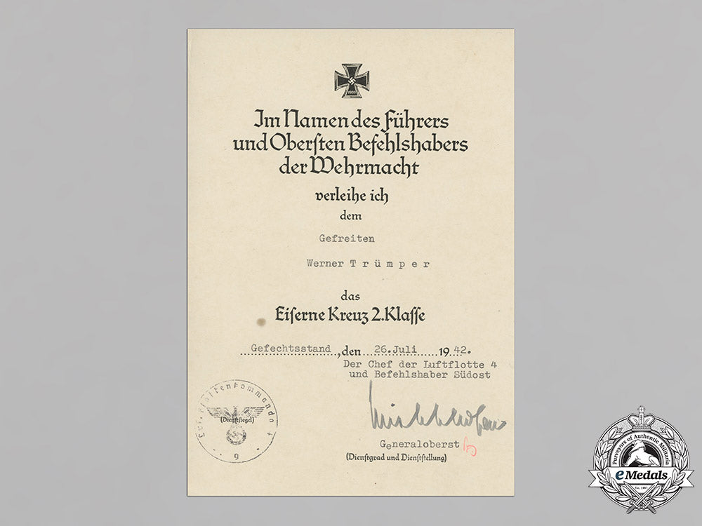 germany,_luftwaffe._the_award_certificates_of_pilot/_observer_unteroffizier_werner_trümper,_mia(_front_flying_clasp_in_gold_with_pendant)_c18-021132