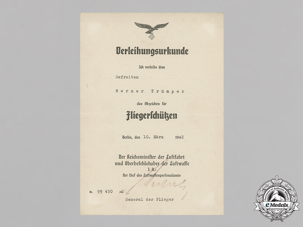 germany,_luftwaffe._the_award_certificates_of_pilot/_observer_unteroffizier_werner_trümper,_mia(_front_flying_clasp_in_gold_with_pendant)_c18-021133