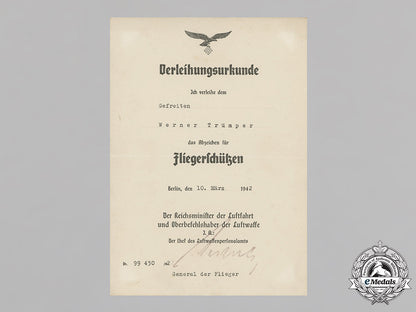 germany,_luftwaffe._the_award_certificates_of_pilot/_observer_unteroffizier_werner_trümper,_mia(_front_flying_clasp_in_gold_with_pendant)_c18-021133