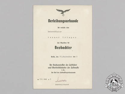 germany,_luftwaffe._the_award_certificates_of_pilot/_observer_unteroffizier_werner_trümper,_mia(_front_flying_clasp_in_gold_with_pendant)_c18-021134