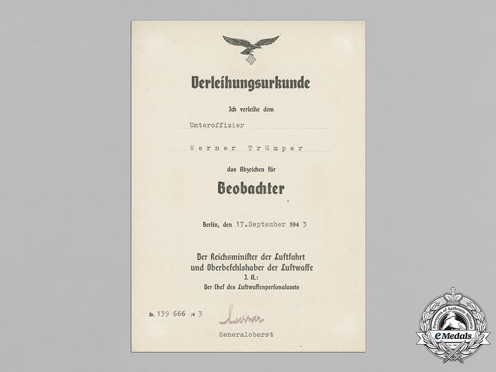 germany,_luftwaffe._the_award_certificates_of_pilot/_observer_unteroffizier_werner_trümper,_mia(_front_flying_clasp_in_gold_with_pendant)_c18-021134