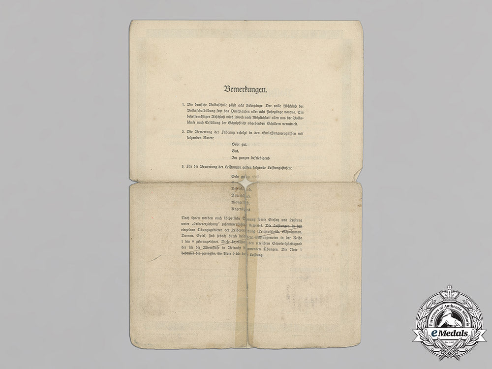 Germany, Nsdap. A Volksschule Final Certificate, 1941 eMedals Germany, Nsdap. A Volksschule Final Certificate, 1941 eMedals