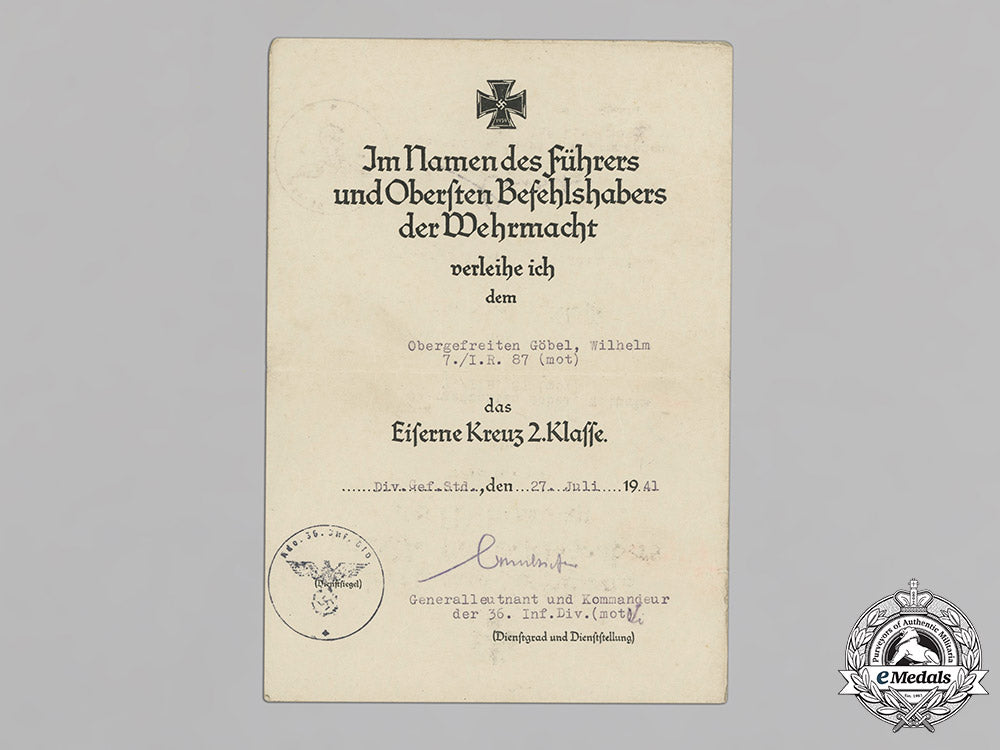 germany,_heer._an_iron_cross_ii_class_award_document_to_infantry_obergefreiter_wilhelm_göbel,1941_c18-021262
