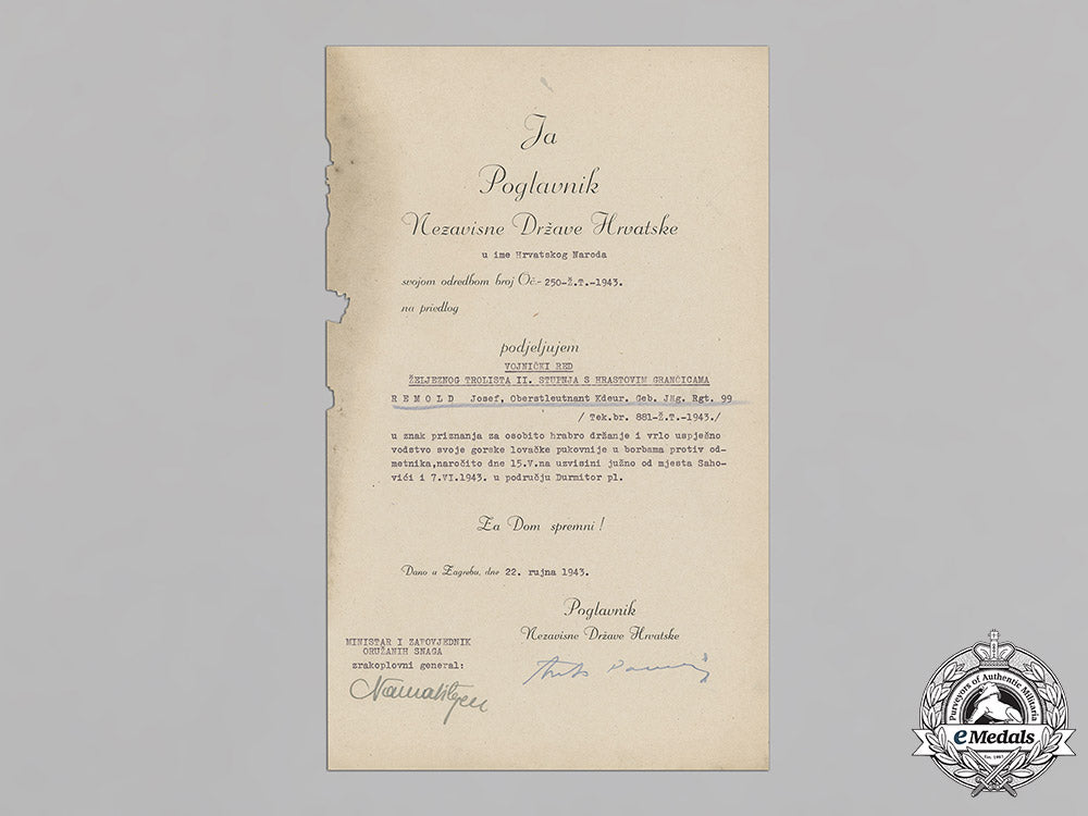 croatia._a_preliminary_award_document(_vorschlag),_to_oberstleutnant_josef_remold,_signed_by_a._pavelić_c18-032615