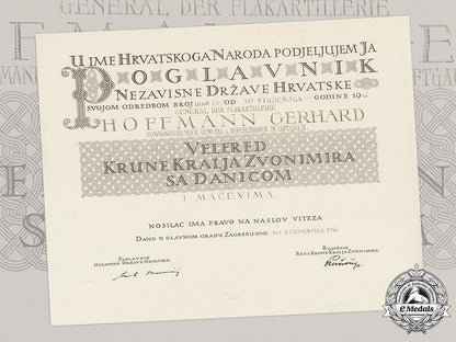 croatia._an_award_document_of_the_king_zvonimir_order,_grand_cross,_to_a_german_general_gerhard_hoffmann_c18-032626