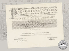 Croatia. An Award Document Of The King Zvonimir Order, Grand Cross, To A German General Gerhard Hoffmann